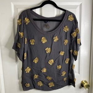 French Connection Grey/Purple Sheer Yellow Flowers T shirt size 10 crew neck